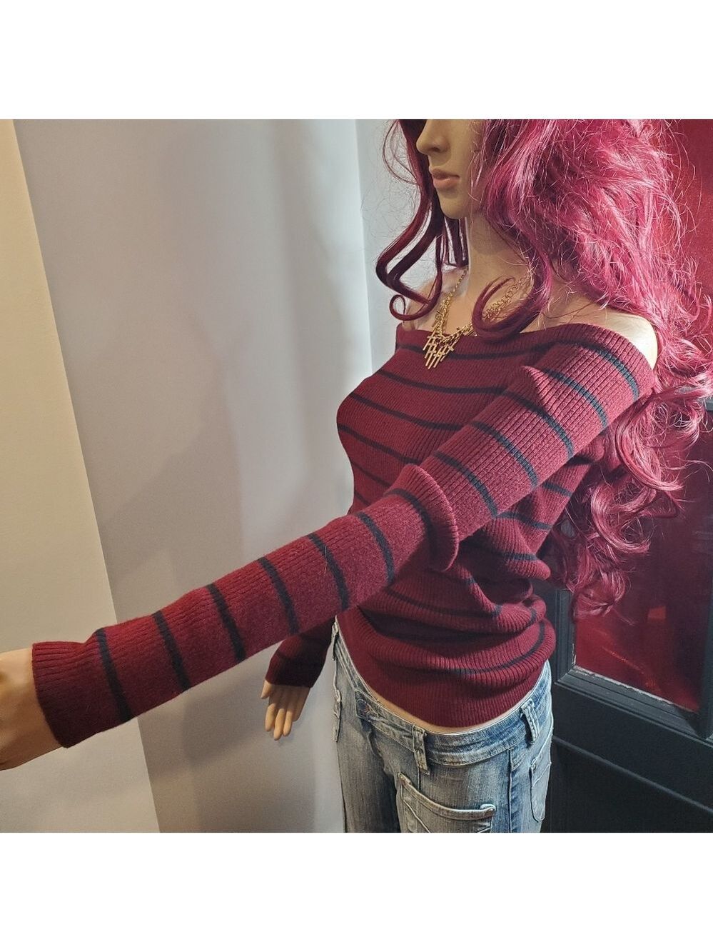 AE Burgandy Striped Open Shoulder Sweater Long Sleeve